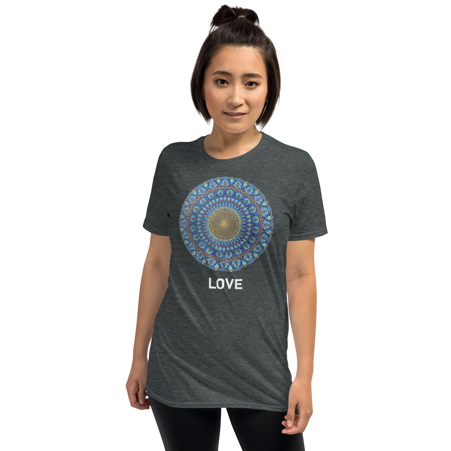 Unisex Softstyle T-Shirt (mandala with golden core | on front | LOVE in white lettering)