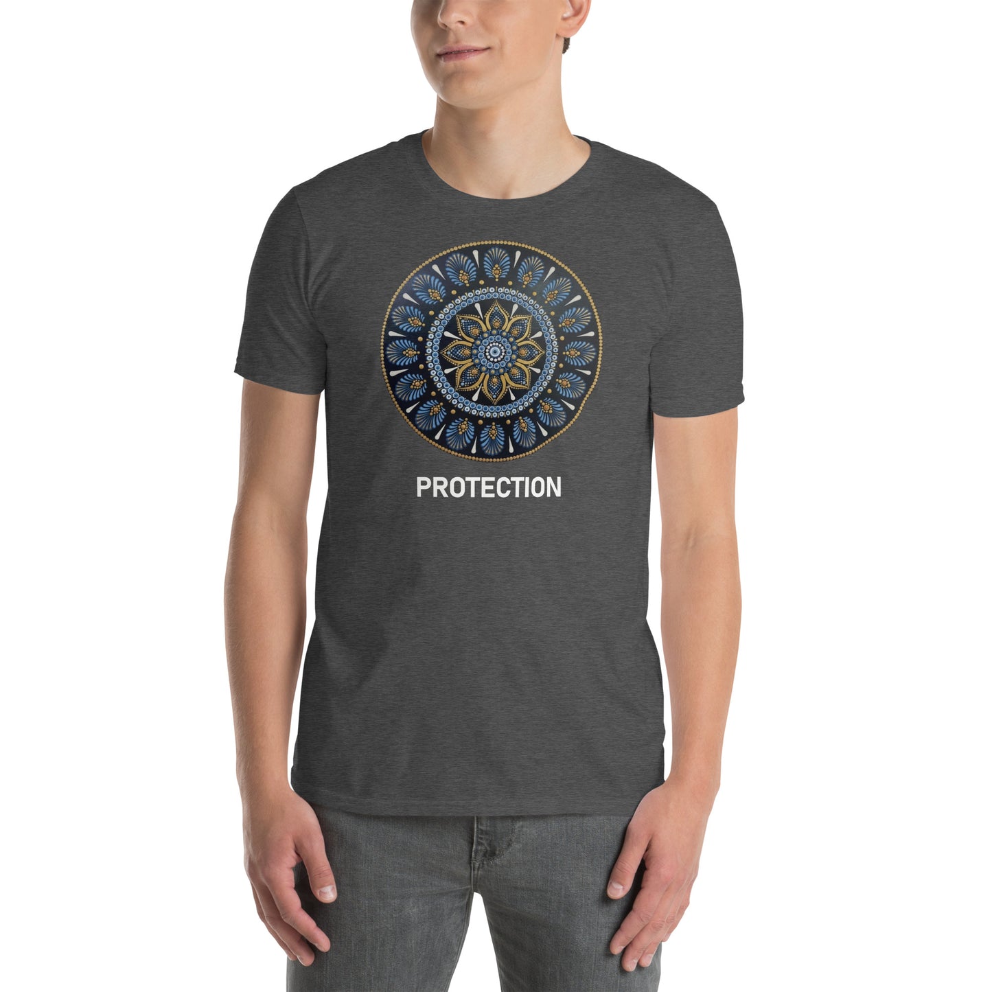 Unisex Softstyle T-Shirt (mandala with gold rim on front | PROTECTION in white lettering)