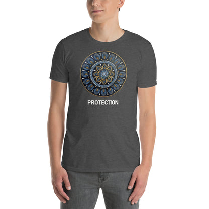 Unisex Softstyle T-Shirt (mandala with gold rim on front | PROTECTION in white lettering)