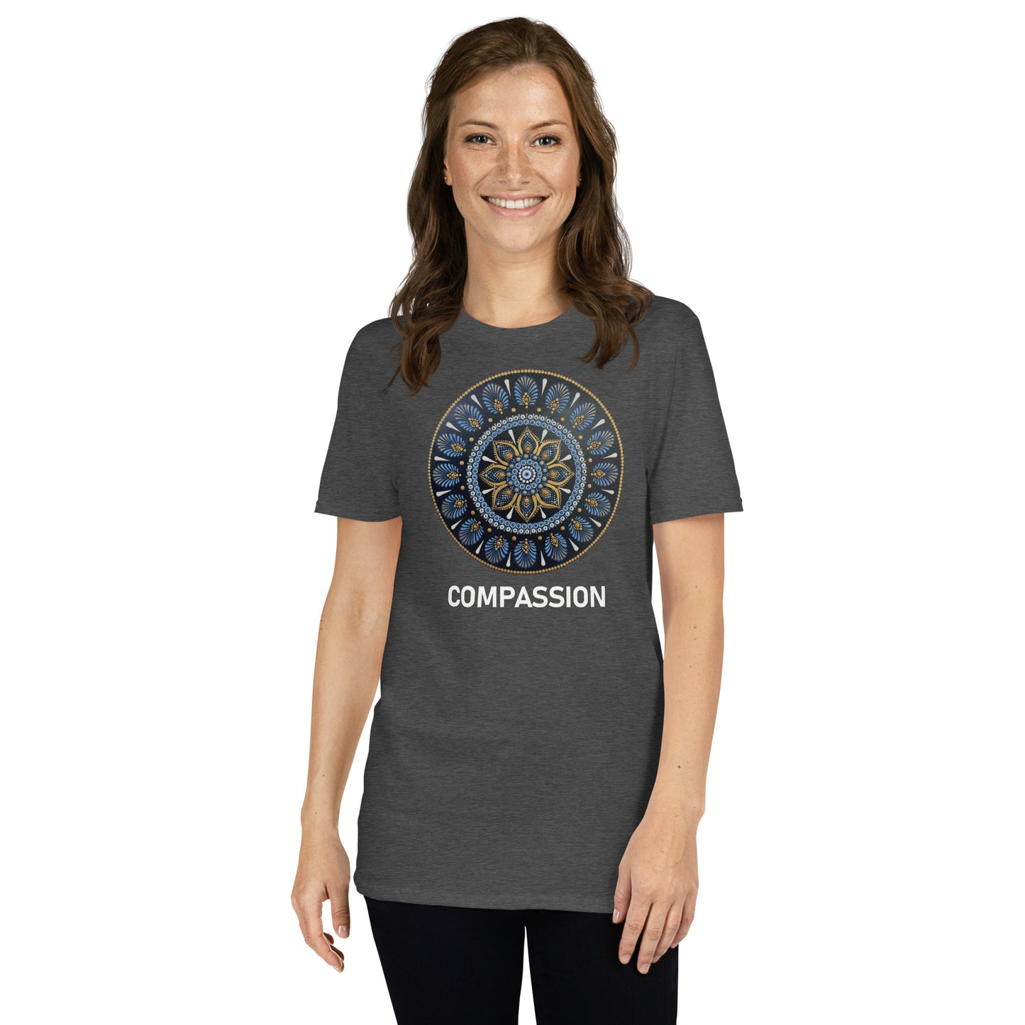 Unisex Softstyle T-Shirt (mandala with gold rim on front | COMPASSION in white lettering)
