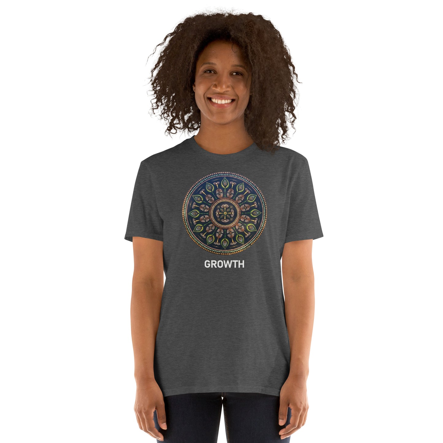 Unisex Softstyle T-Shirt (mandala with cross at the core on front | GROWTH in white lettering)