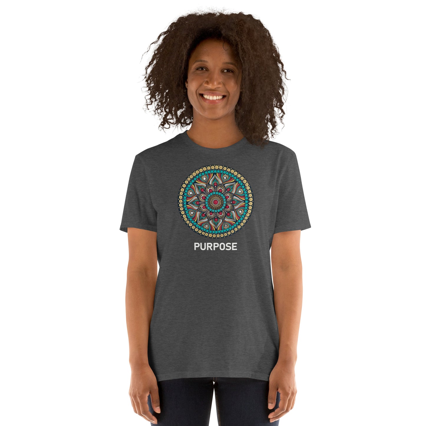 Unisex Softstyle T-Shirt (mandala with red core on front | PURPOSE in white lettering)