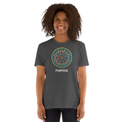 Unisex Softstyle T-Shirt (mandala with red core on front | PURPOSE in white lettering)