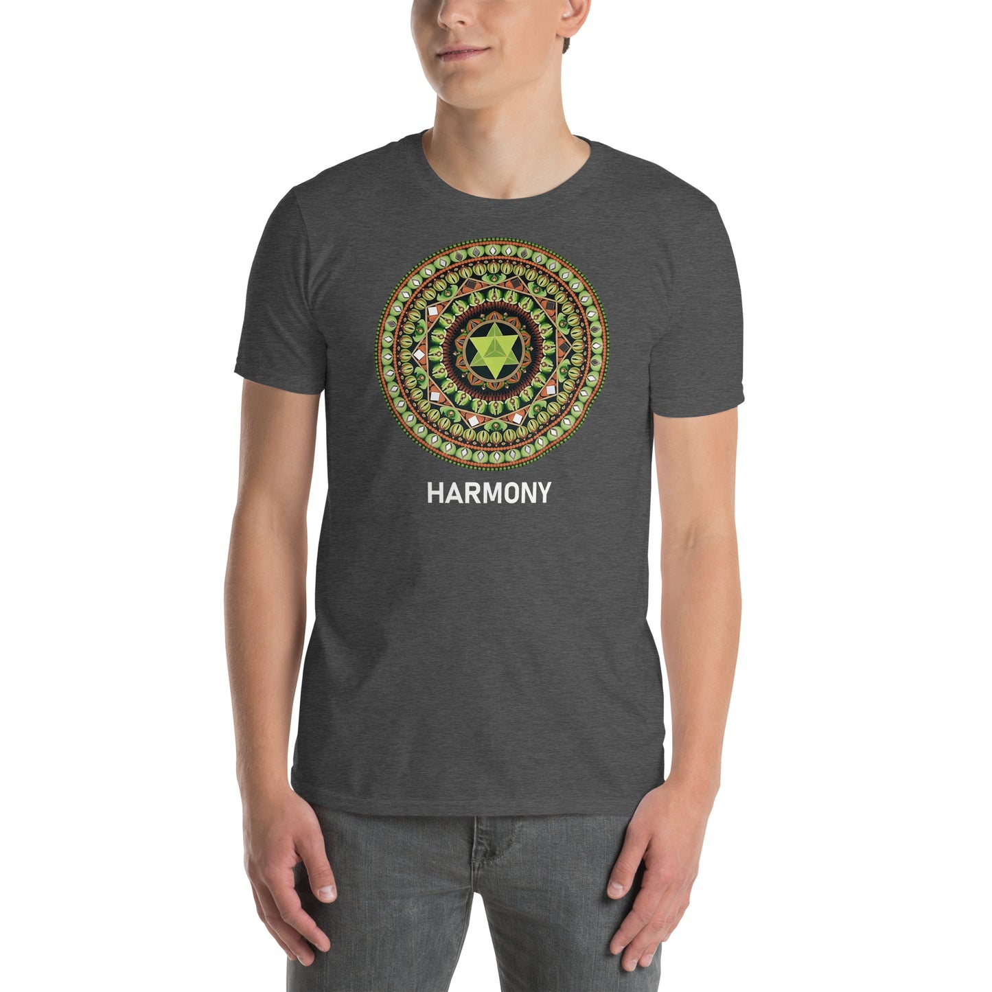 Unisex Softstyle T-Shirt (mandala with green star | on front | HARMONY in white lettering)