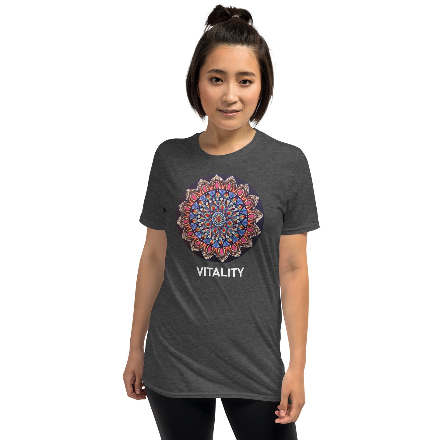 Unisex Softstyle T-Shirt (mandala with pink petals | on front | VITALITY in white lettering)