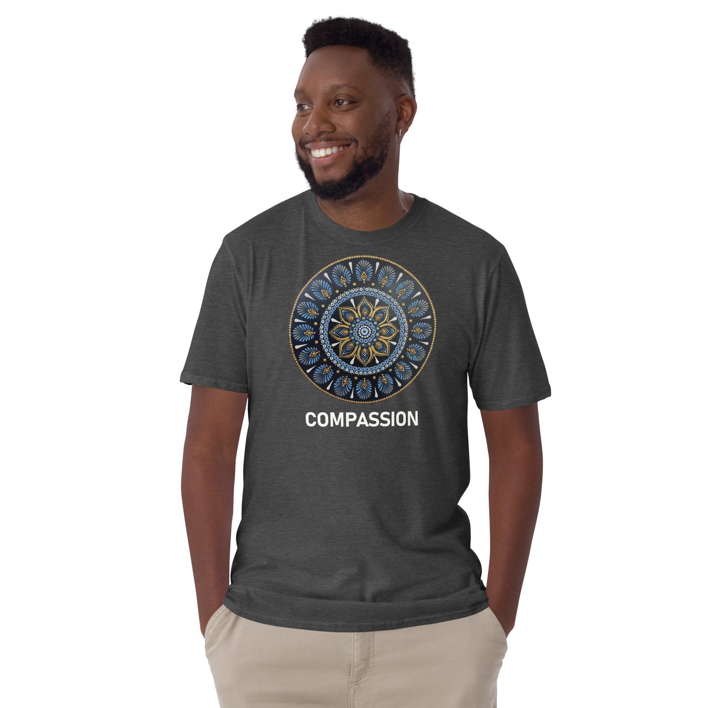 Unisex Softstyle T-Shirt (mandala with gold rim | on front | COMPASSION in white lettering)