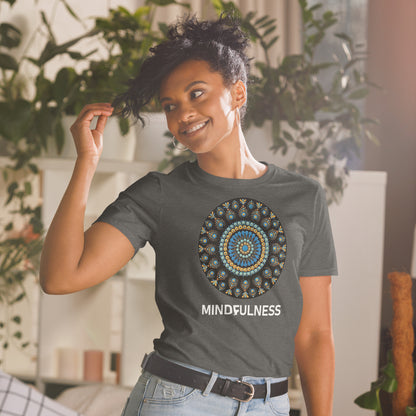 Unisex Softstyle T-Shirt (mandala with blue dots and black back | on front | MINDFULNESS in white lettering)