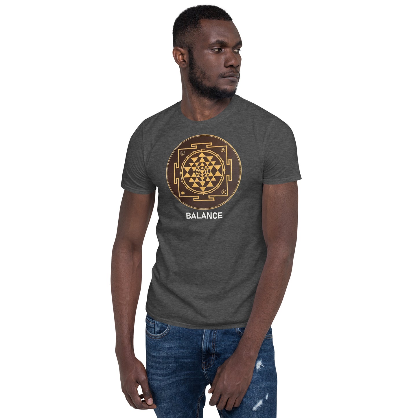 Unisex Softstyle T-Shirt (brown and gold mandala | on front | BALANCE in white lettering)