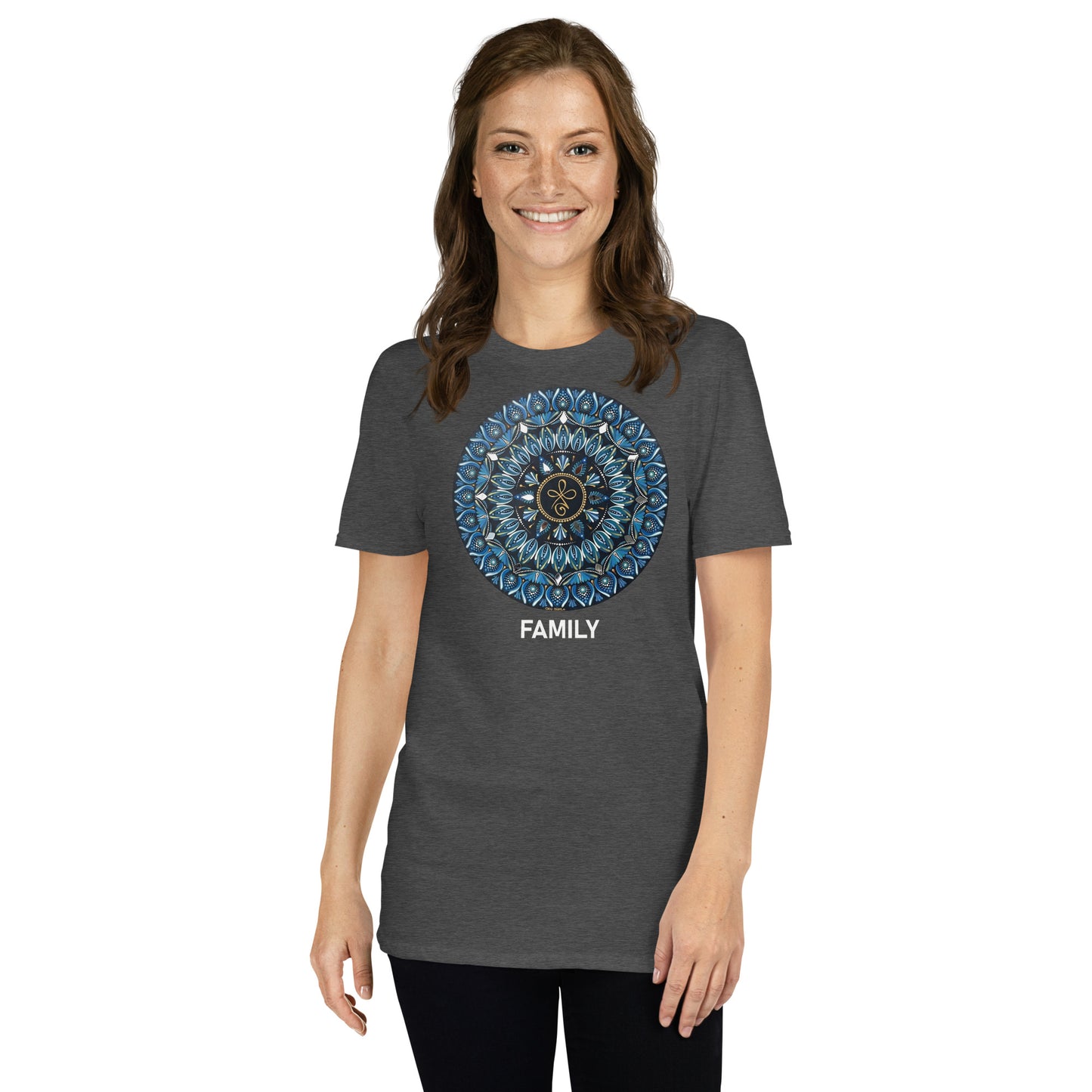 Unisex Softstyle T-Shirt (mandala with 3 loops in core | on front | FAMILY in white lettering)