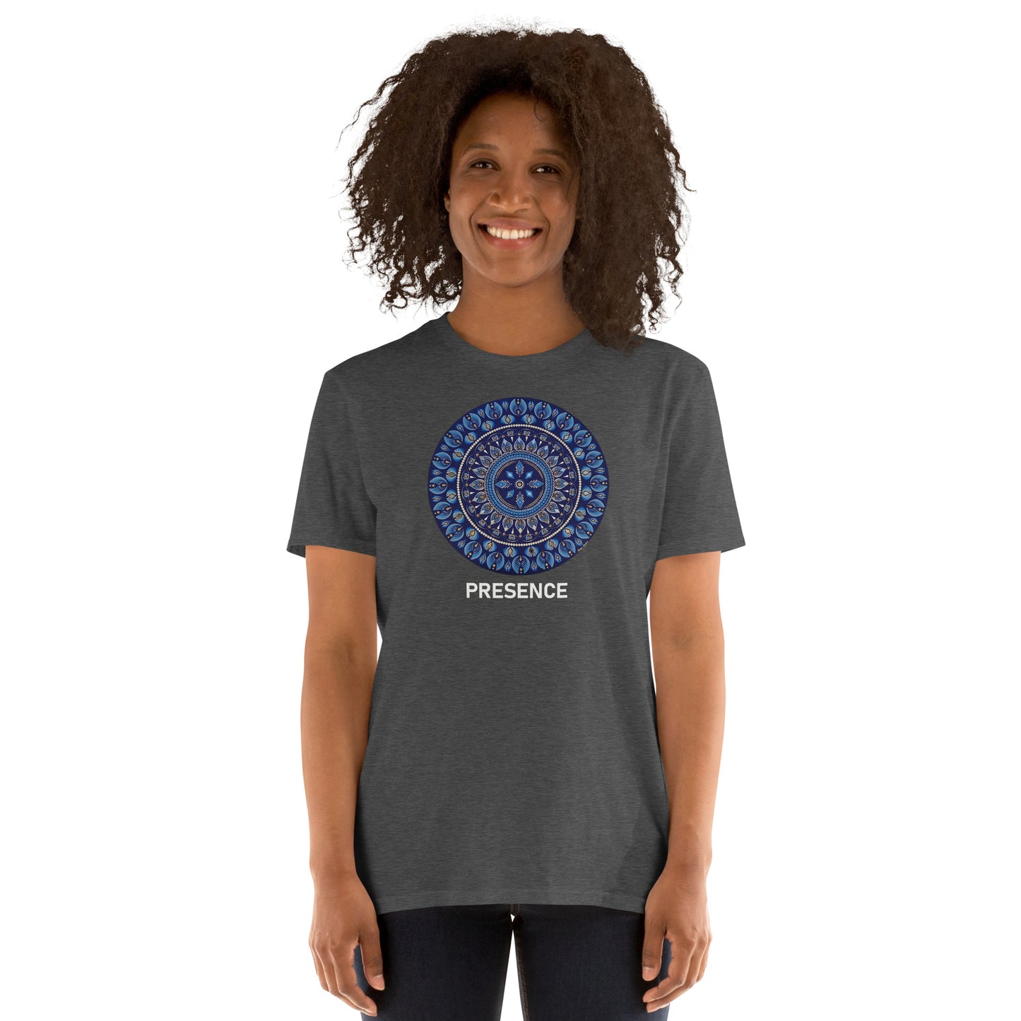 Unisex Softstyle T-Shirt (mandala with 4 diamonds | on front | PRESENCE in white lettering)