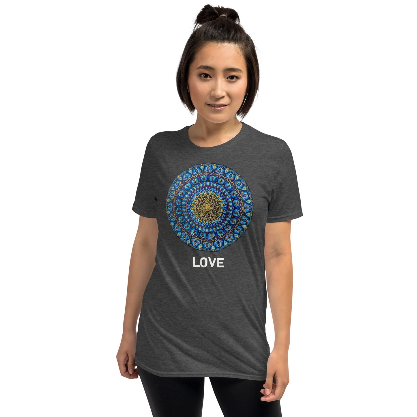 Unisex Softstyle T-Shirt (mandala with golden core | on front | LOVE in white lettering)