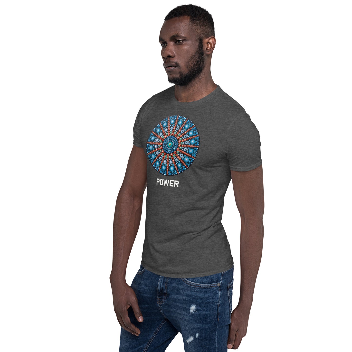 Unisex Softstyle T-Shirt (mandala with red lines | on front | POWER in white lettering)