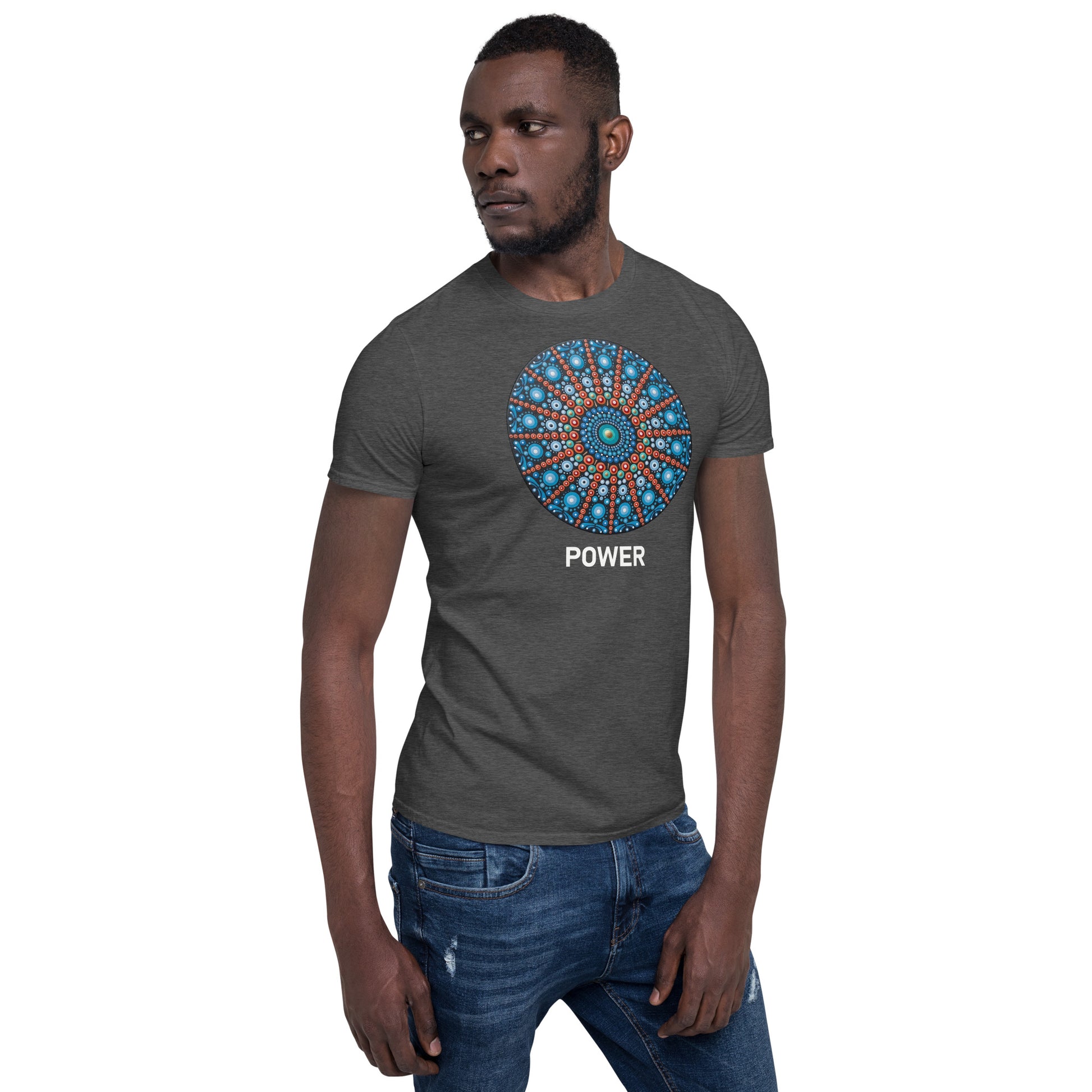 Unisex Softstyle T-Shirt (mandala with red lines | on front | POWER in white lettering)