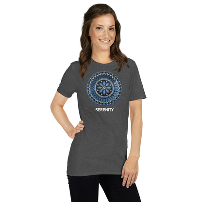 Unisex Softstyle T-Shirt (mandala with blue and white core | on front | SERENITY in white lettering)
