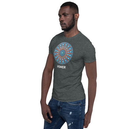 Unisex Softstyle T-Shirt (mandala with red lines | on front | POWER in white lettering)
