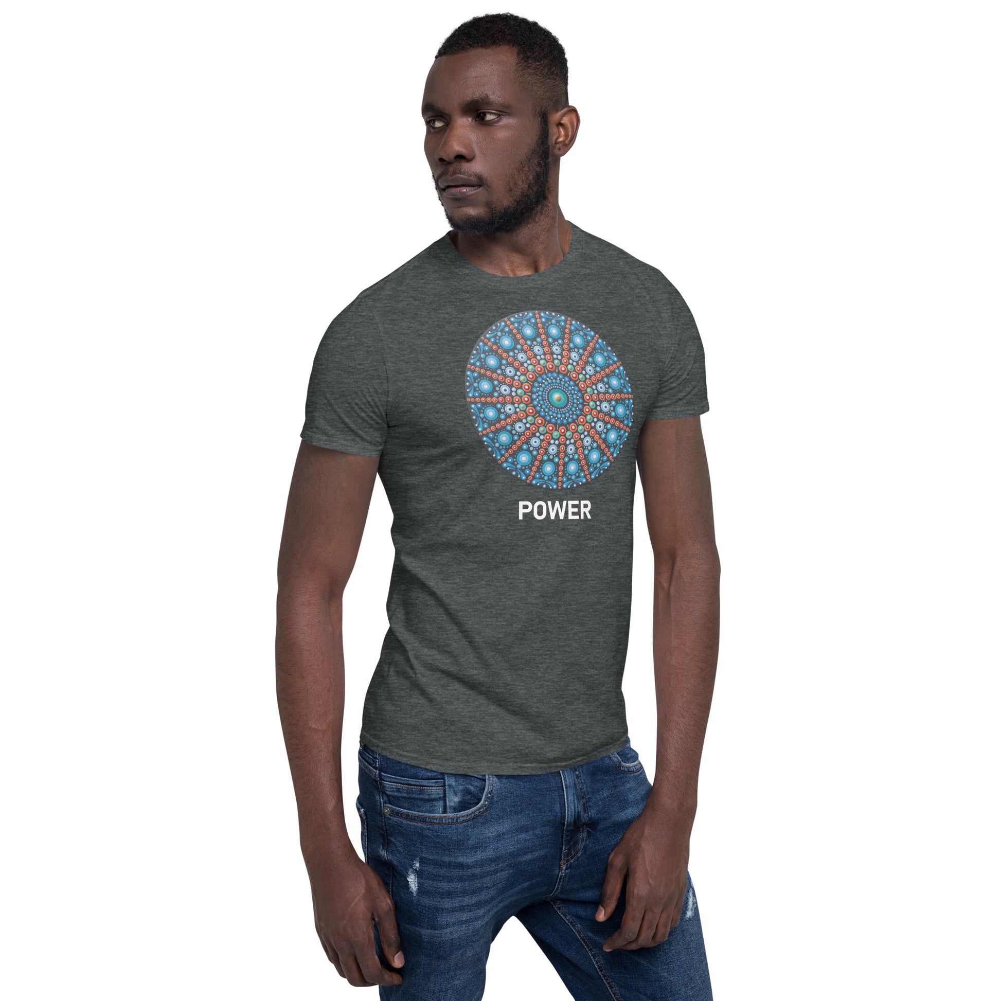 Unisex Softstyle T-Shirt (mandala with red lines | on front | POWER in white lettering)