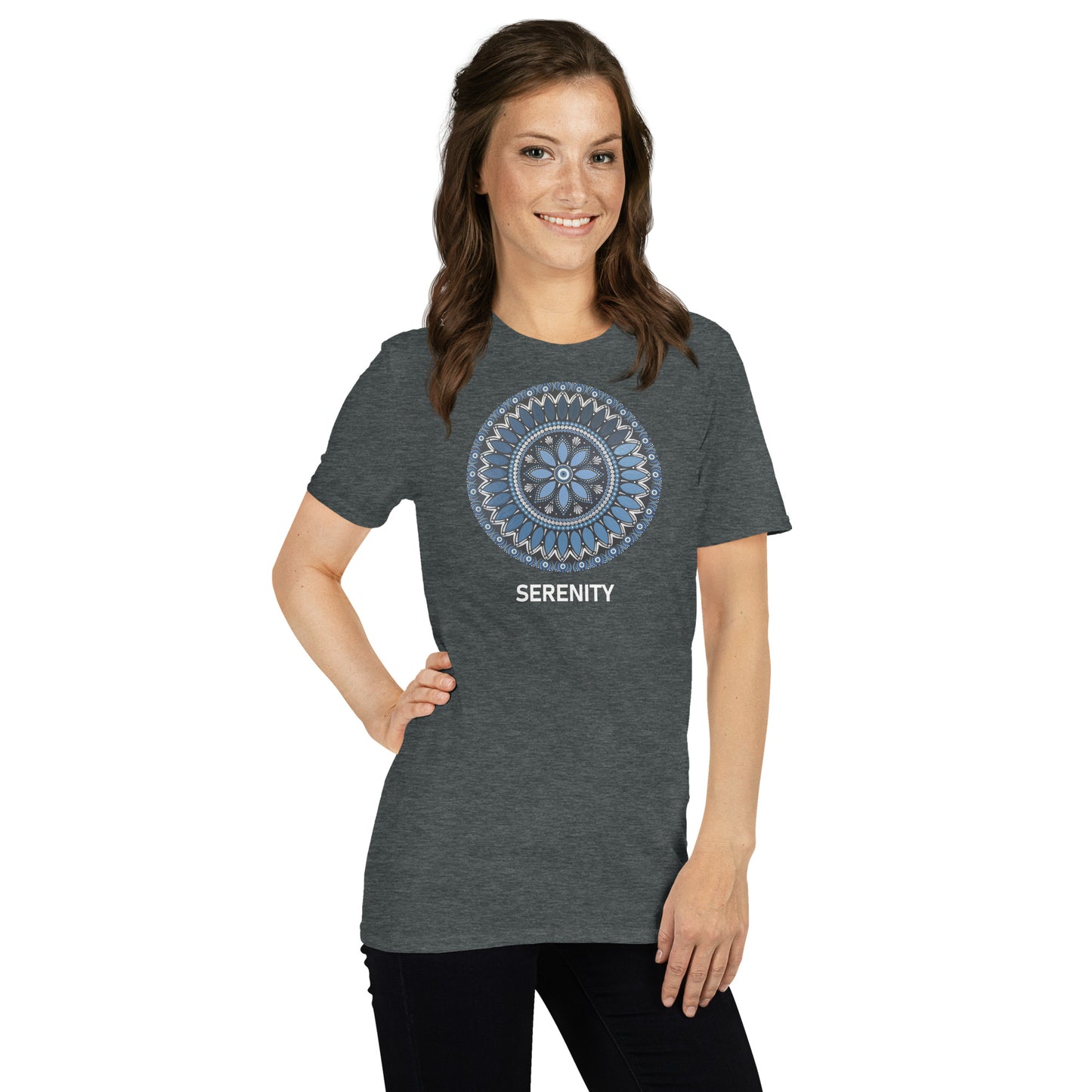 Unisex Softstyle T-Shirt (mandala with blue and white core | on front | SERENITY in white lettering)