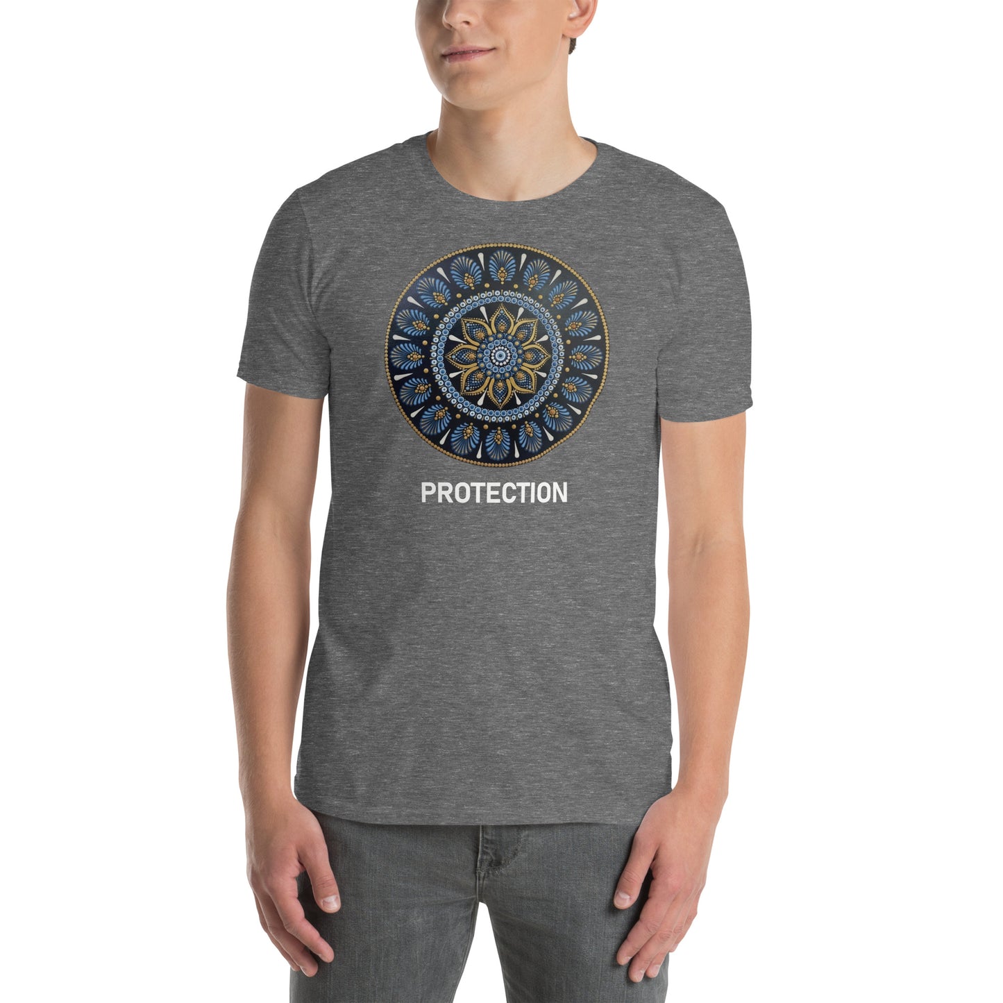 Unisex Softstyle T-Shirt (mandala with gold rim on front | PROTECTION in white lettering)