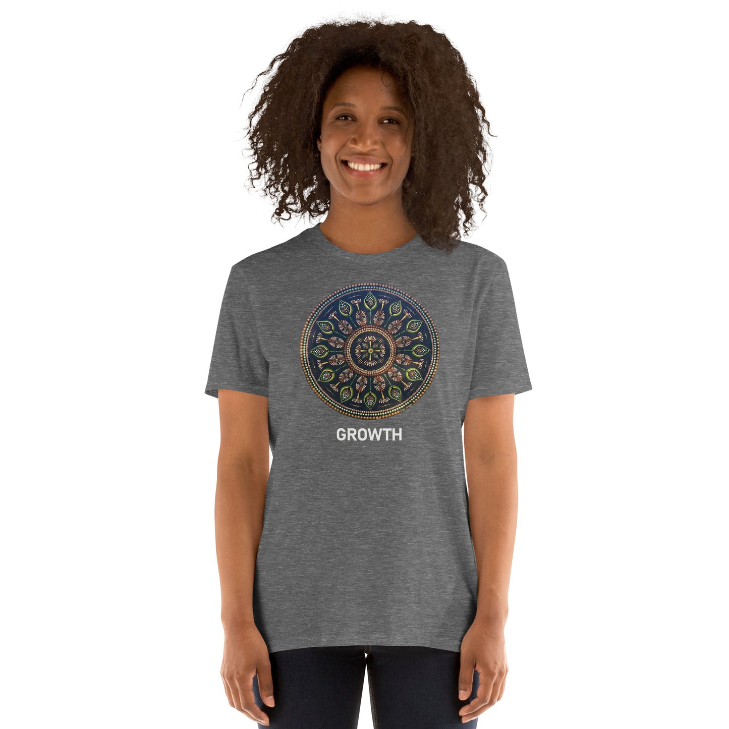 Unisex Softstyle T-Shirt (mandala with cross at the core on front | GROWTH in white lettering)