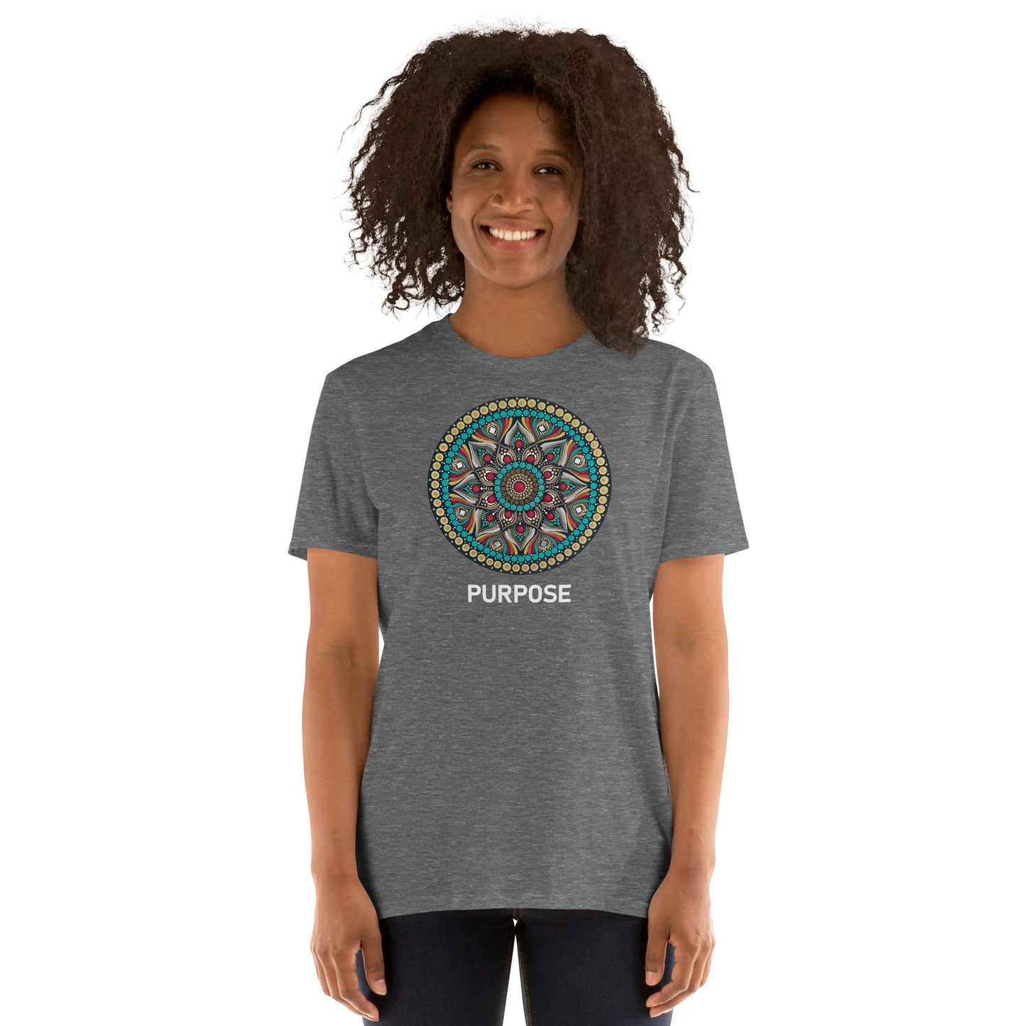 Unisex Softstyle T-Shirt (mandala with red core on front | PURPOSE in white lettering)