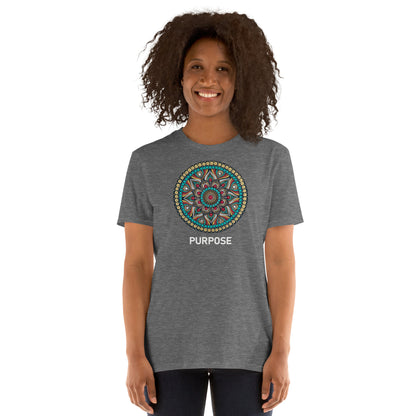 Unisex Softstyle T-Shirt (mandala with red core on front | PURPOSE in white lettering)