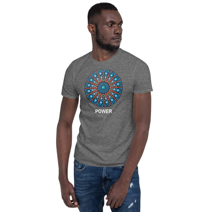 Unisex Softstyle T-Shirt (mandala with red lines | on front | POWER in white lettering)