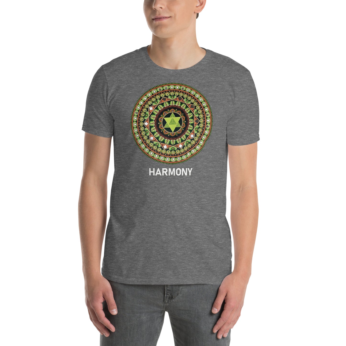 Unisex Softstyle T-Shirt (mandala with green star | on front | HARMONY in white lettering)