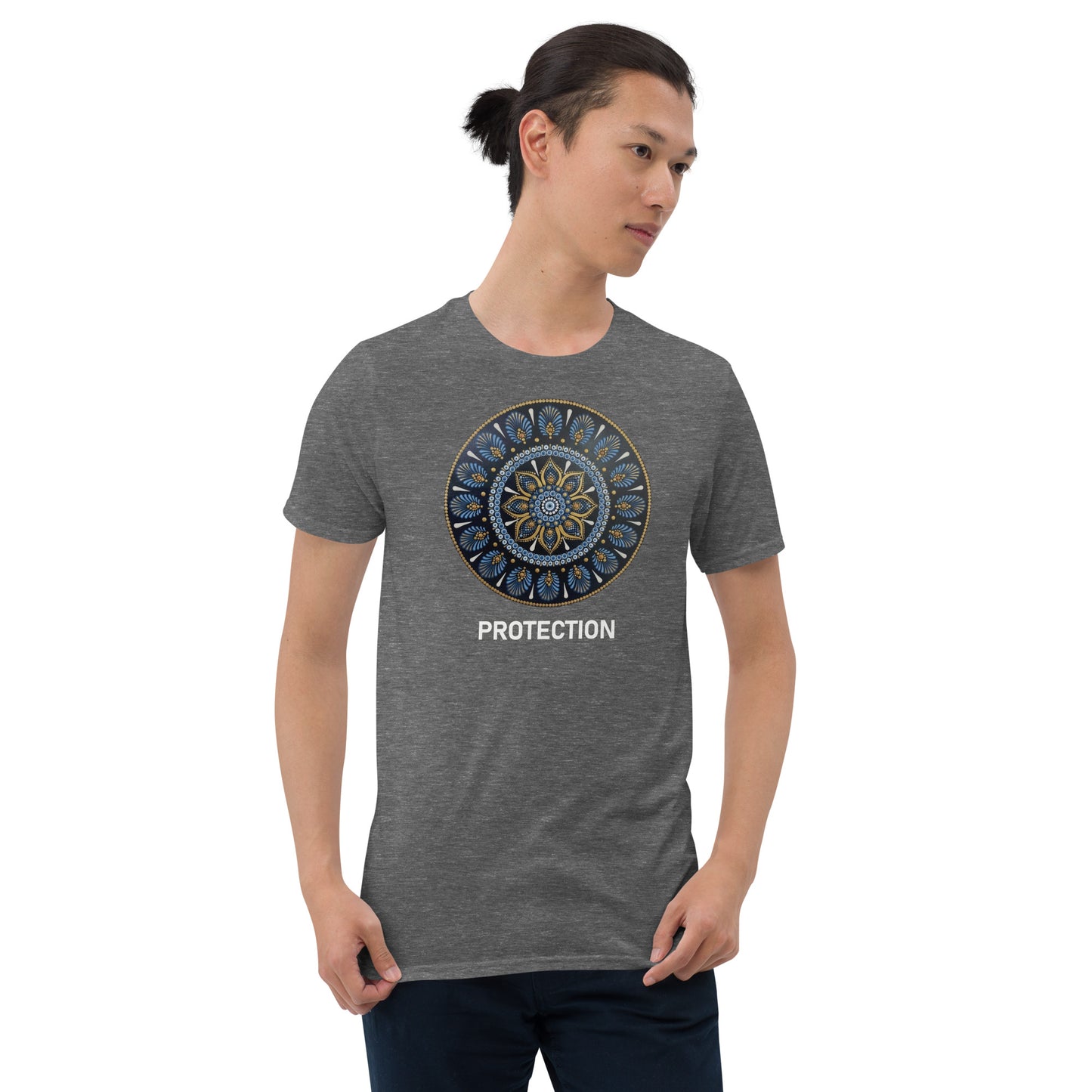 Unisex Softstyle T-Shirt (mandala with gold outer rim | on front | PROTECTION in white lettering)