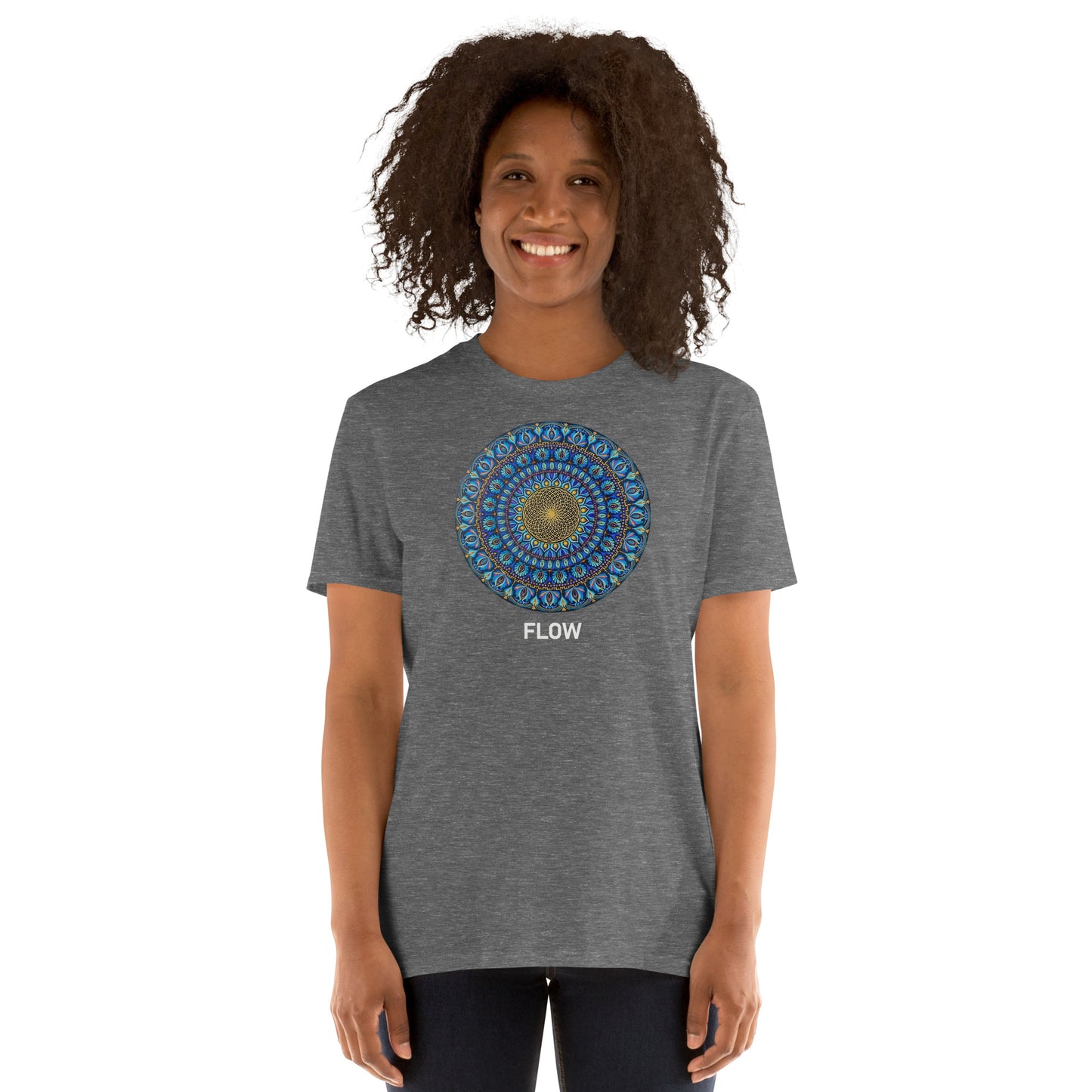 Unisex Softstyle T-Shirt (mandala with golden core | on front | FLOW in white lettering)