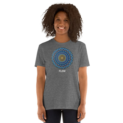 Unisex Softstyle T-Shirt (mandala with golden core | on front | FLOW in white lettering)