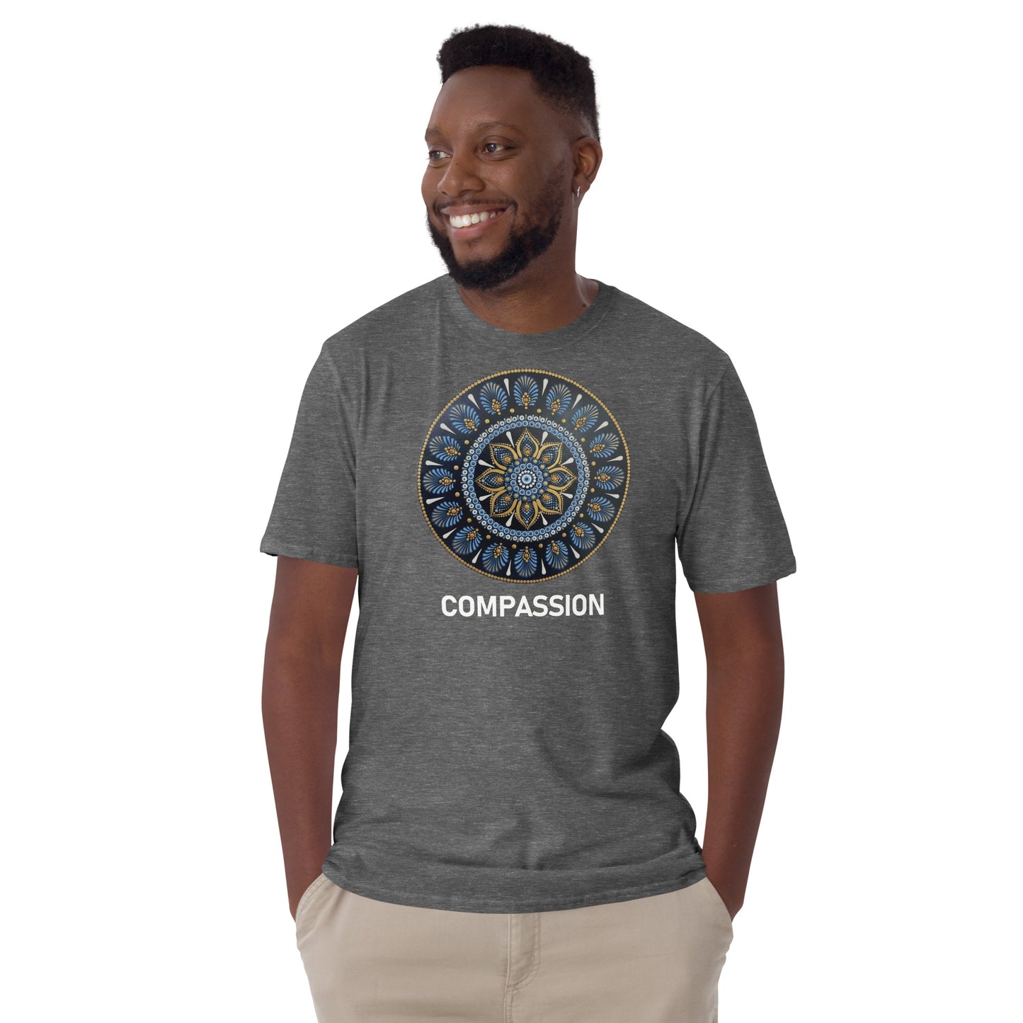 Unisex Softstyle T-Shirt (mandala with gold rim | on front | COMPASSION in white lettering)