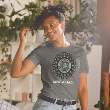 Unisex Softstyle T-Shirt (mandala with blue dots and black back | on front | MINDFULNESS in white lettering)