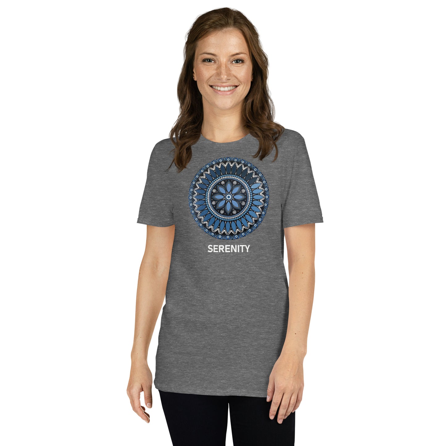 Unisex Softstyle T-Shirt (mandala with blue and white core | on front | SERENITY in white lettering)