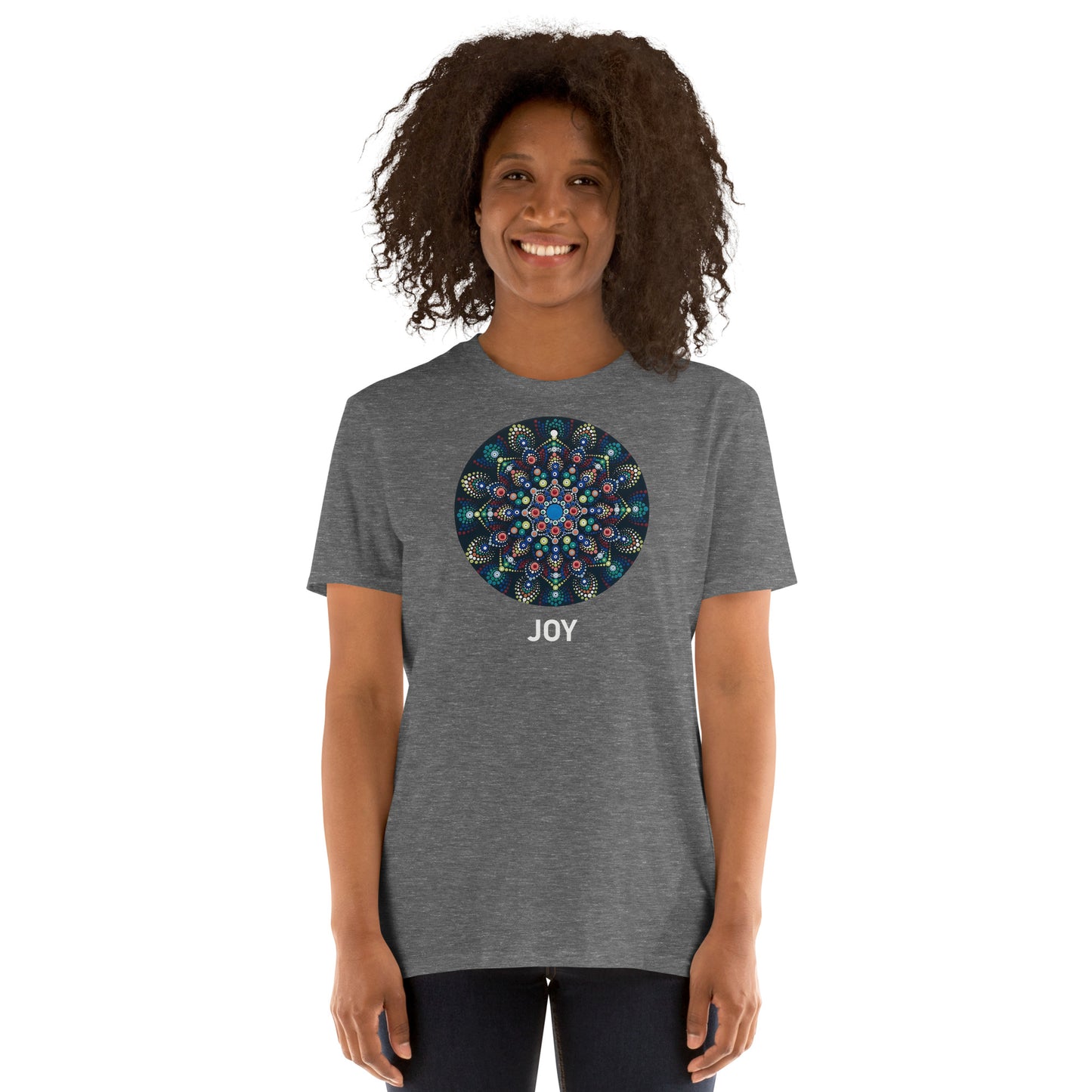 Unisex Softstyle T-Shirt (mandala with colorful dots | on front | JOY in white lettering)