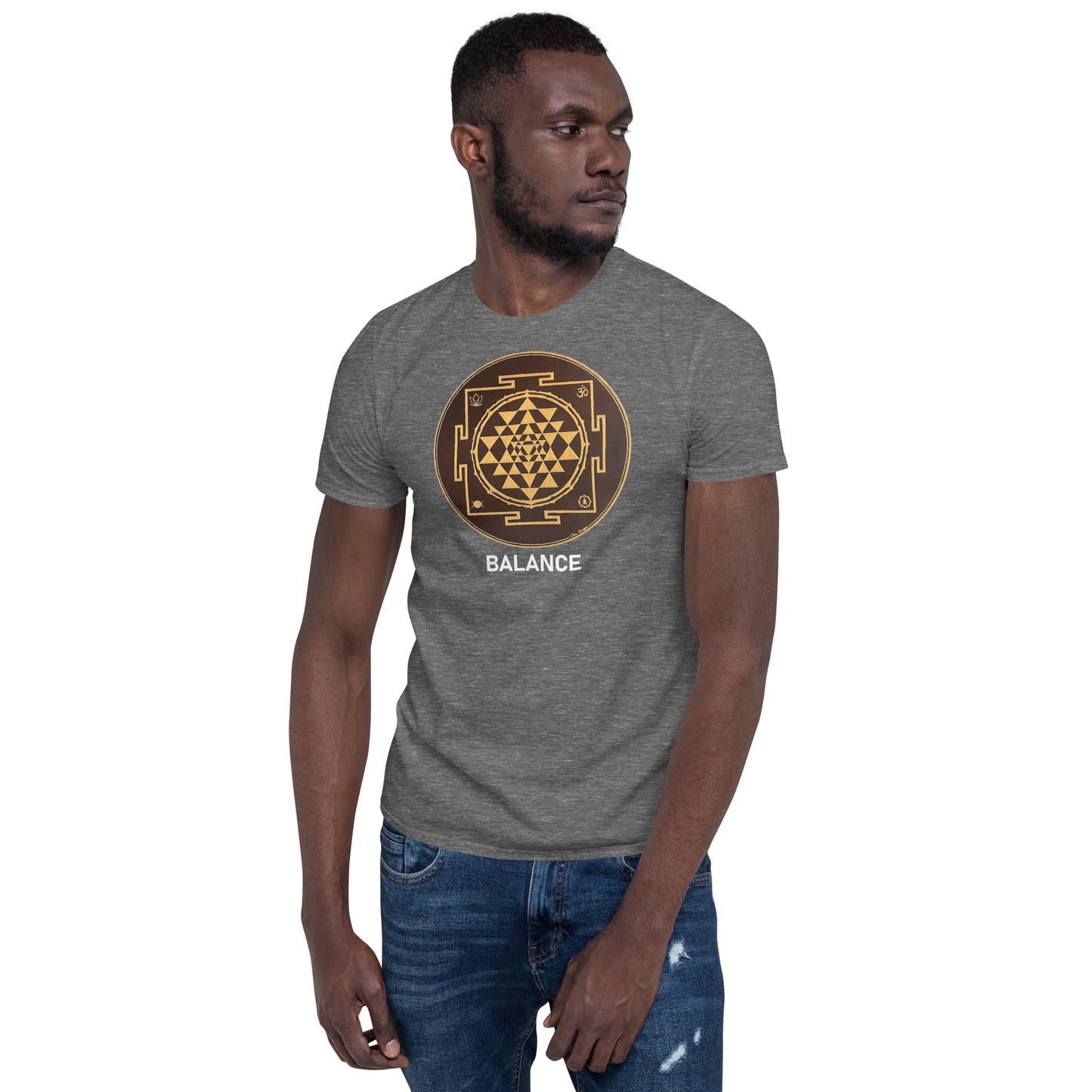 Unisex Softstyle T-Shirt (brown and gold mandala | on front | BALANCE in white lettering)