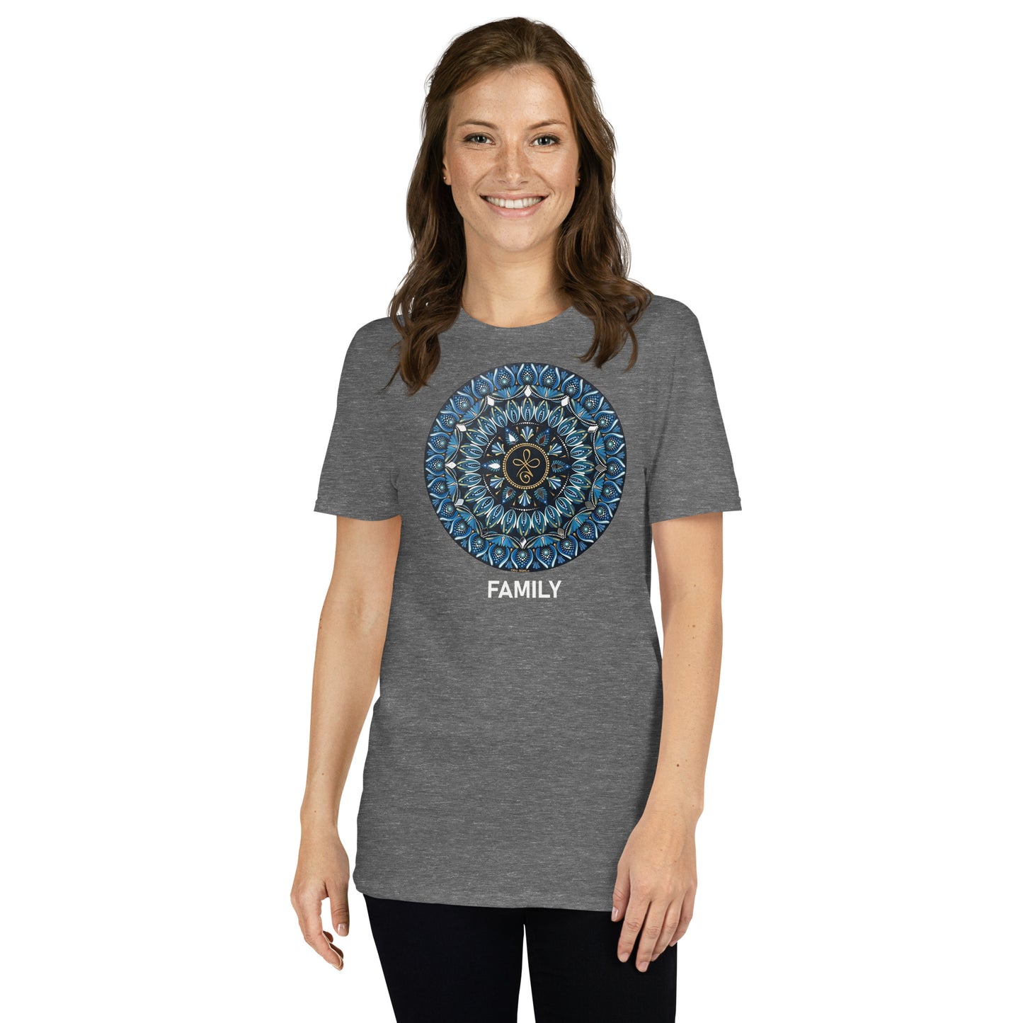 Unisex Softstyle T-Shirt (mandala with 3 loops in core | on front | FAMILY in white lettering)