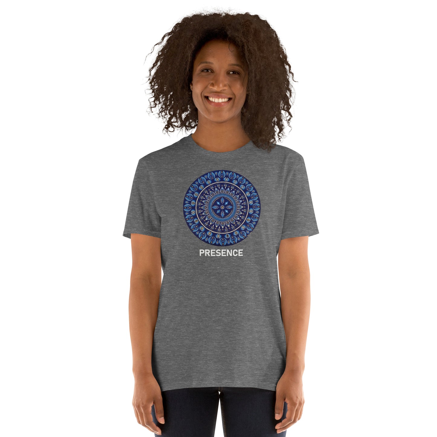 Unisex Softstyle T-Shirt (mandala with 4 diamonds | on front | PRESENCE in white lettering)