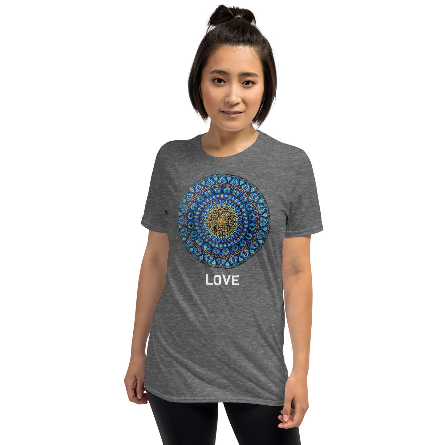 Unisex Softstyle T-Shirt (mandala with golden core | on front | LOVE in white lettering)