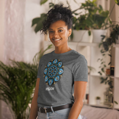 Unisex Softstyle T-Shirt (mandala with spokes in core on front | WISDOM in white lettering)