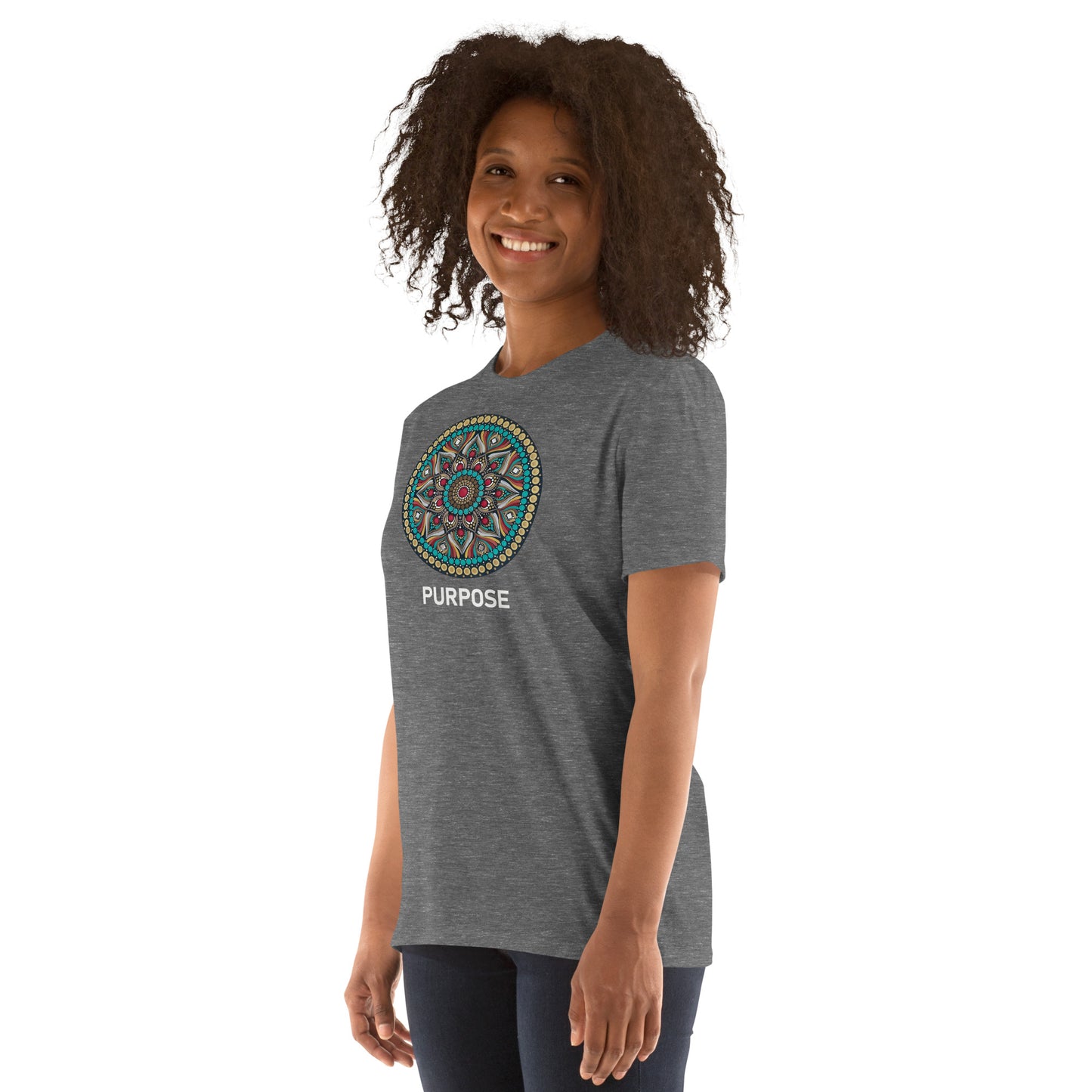 Unisex Softstyle T-Shirt (mandala with red core on front | PURPOSE in white lettering)