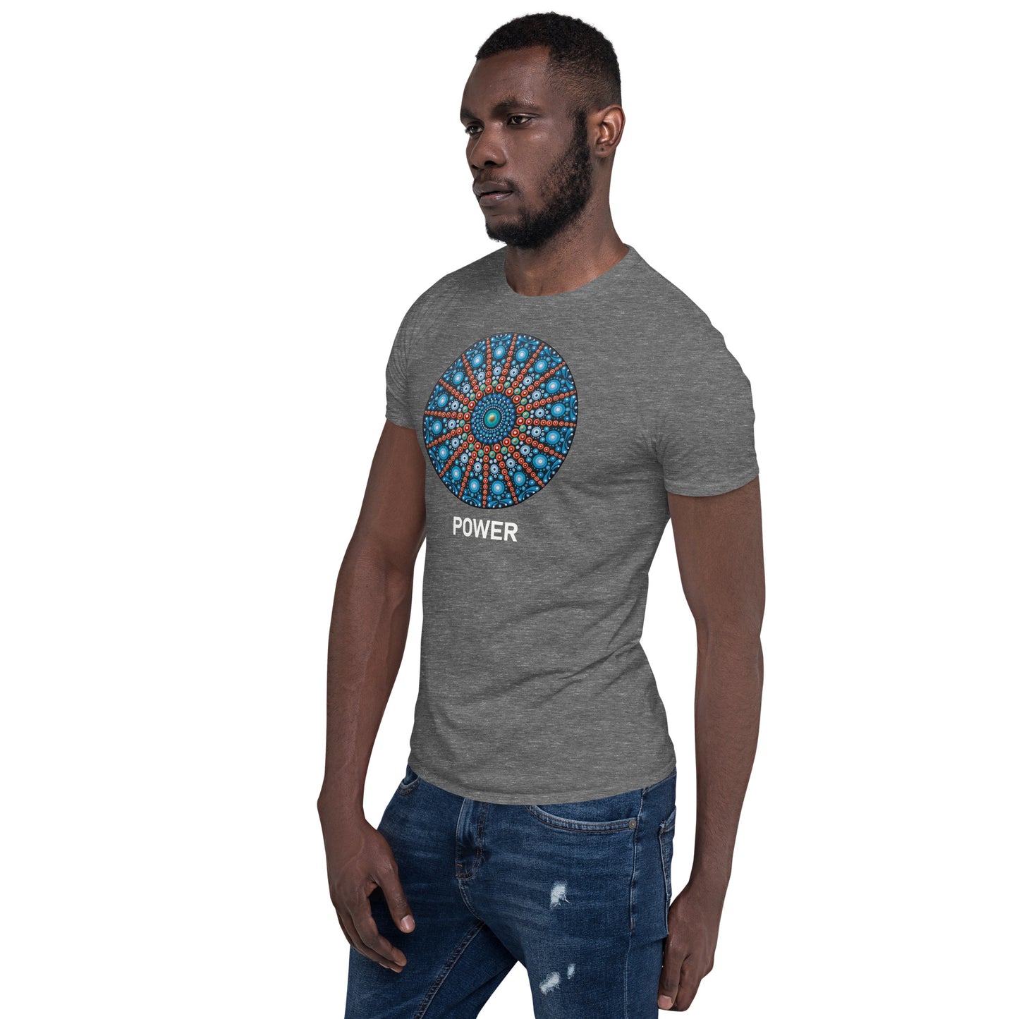 Unisex Softstyle T-Shirt (mandala with red lines | on front | POWER in white lettering)
