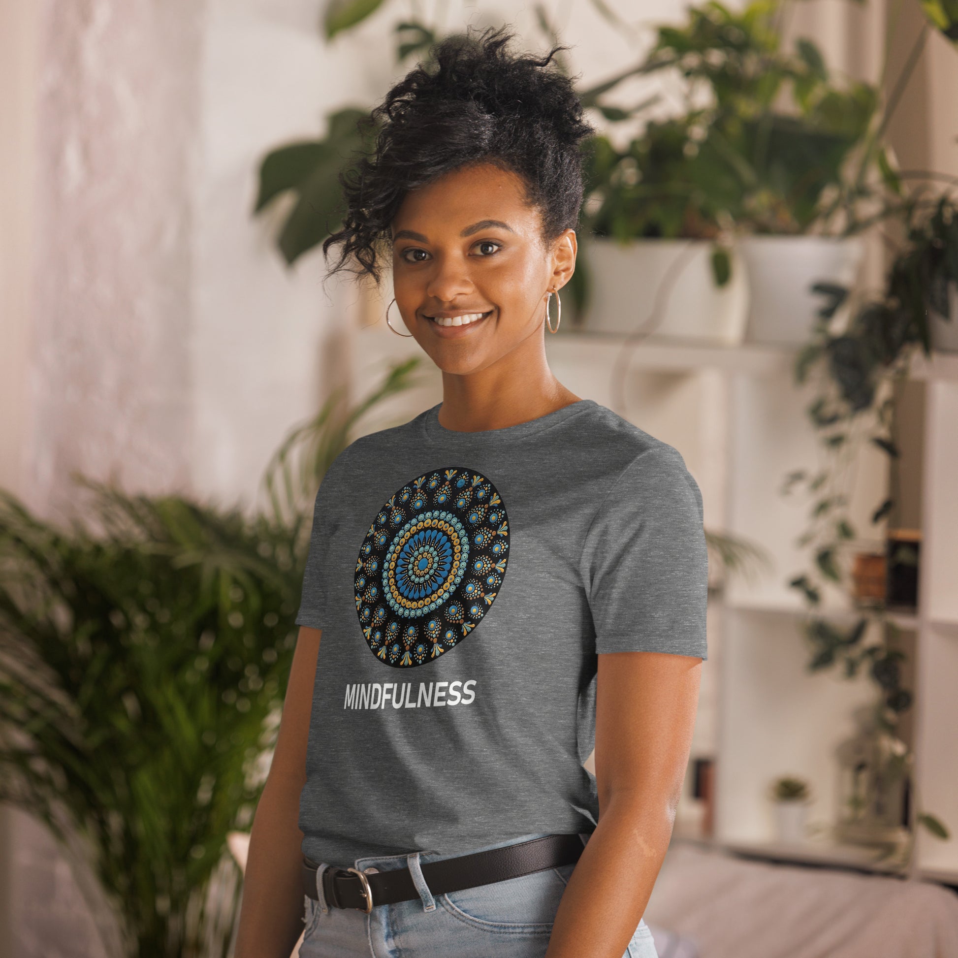 Unisex Softstyle T-Shirt (mandala with blue dots and black back | on front | MINDFULNESS in white lettering)