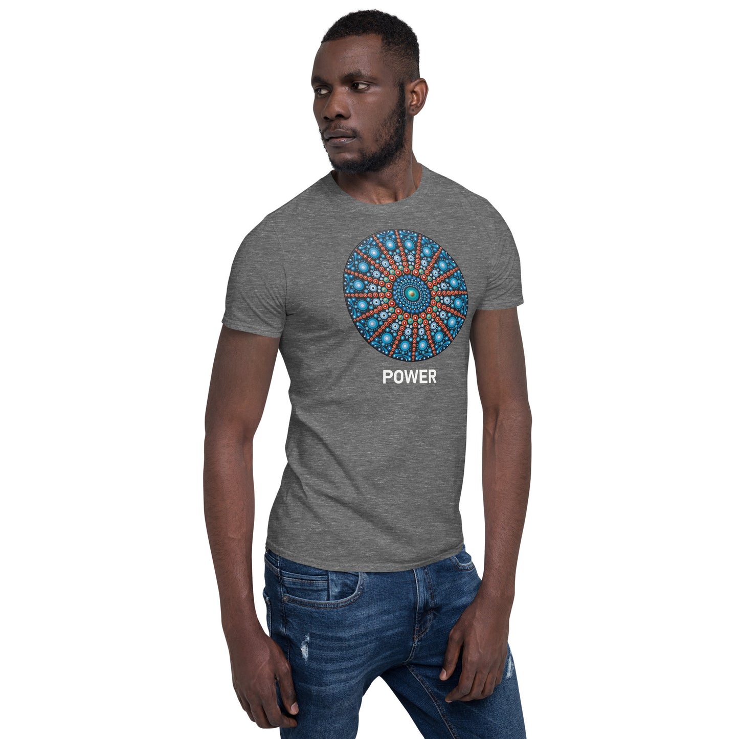 Unisex Softstyle T-Shirt (mandala with red lines | on front | POWER in white lettering)