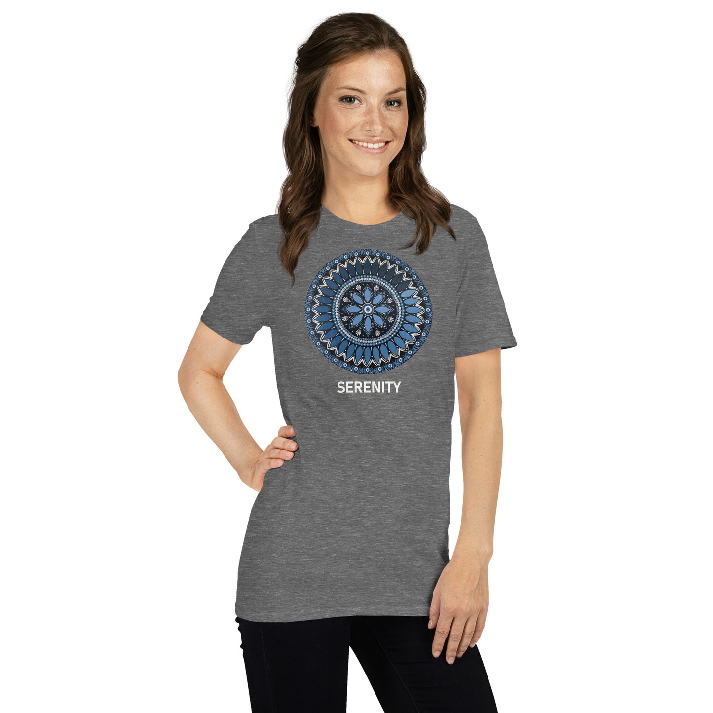 Unisex Softstyle T-Shirt (mandala with blue and white core | on front | SERENITY in white lettering)