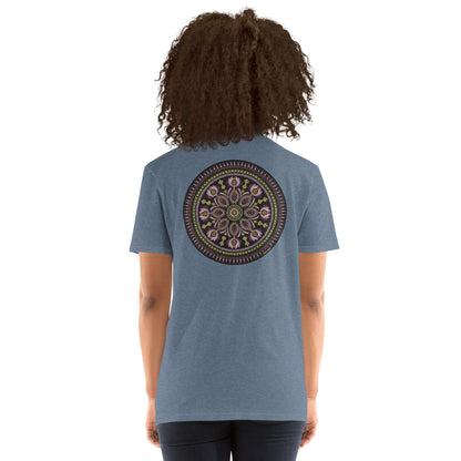 Unisex Softstyle T-Shirt (mandala with magenta rim on back | KINDNESS in black lettering on front)