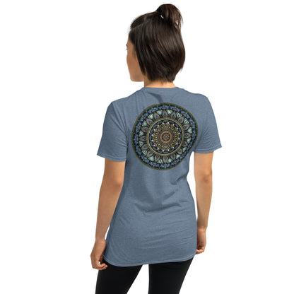 Unisex Softstyle T-Shirt (mandala green and gold rim on back | GRATITUDE in black lettering on front)