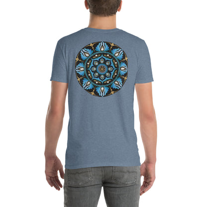 Unisex Softstyle T-Shirt (mandala with spokes in core on back | WISDOM in black lettering on front)