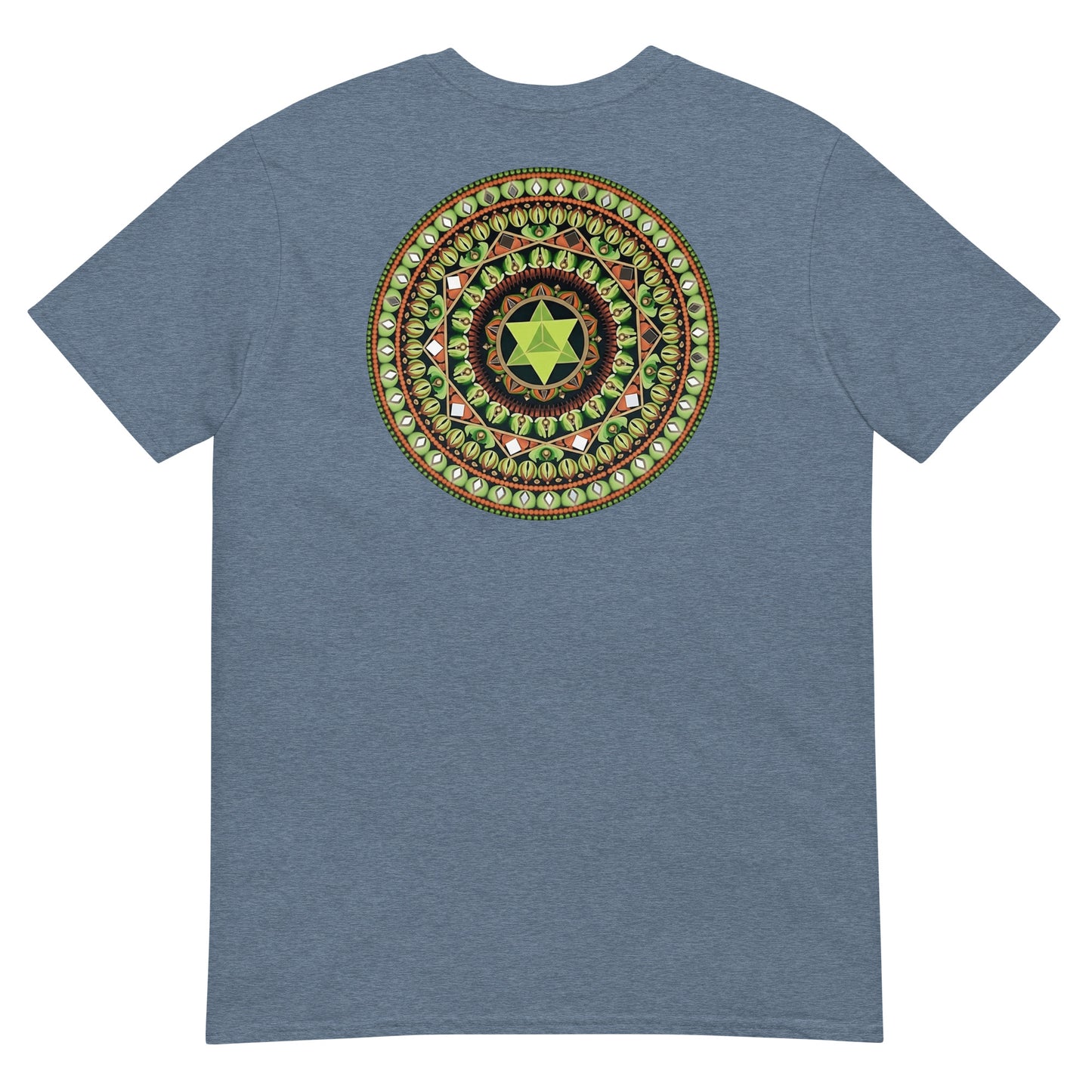 Unisex Softstyle T-Shirt (mandala with green star on back | HARMONY in black lettering on front)