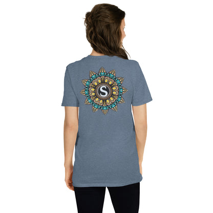 Unisex Softstyle T-Shirt (mandala with "S" in core on back | SHINE in black lettering on front)