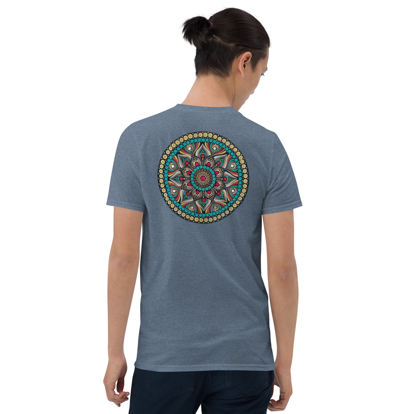Unisex Softstyle T-Shirt (mandala with red core on back | PURPOSE in black lettering on front)